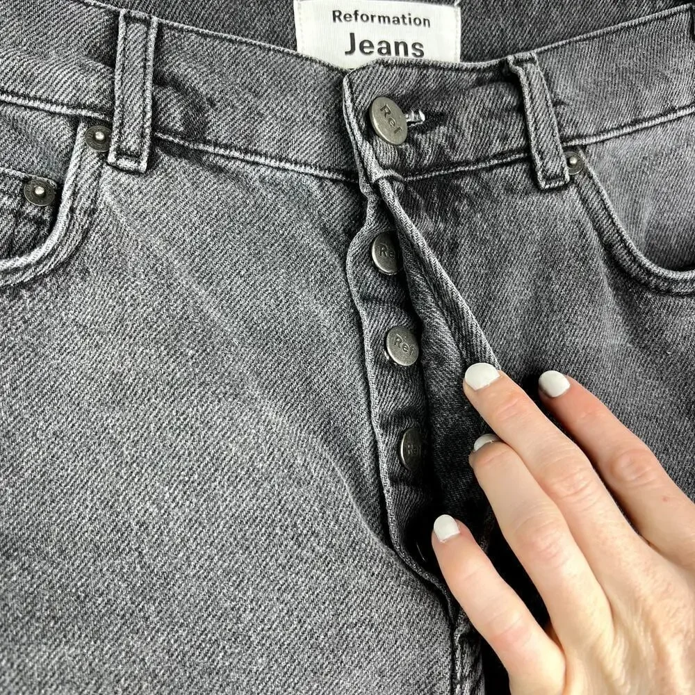Reformation Black Denim Cut Off Jean Shorts High Waisted Long Button Fly 24